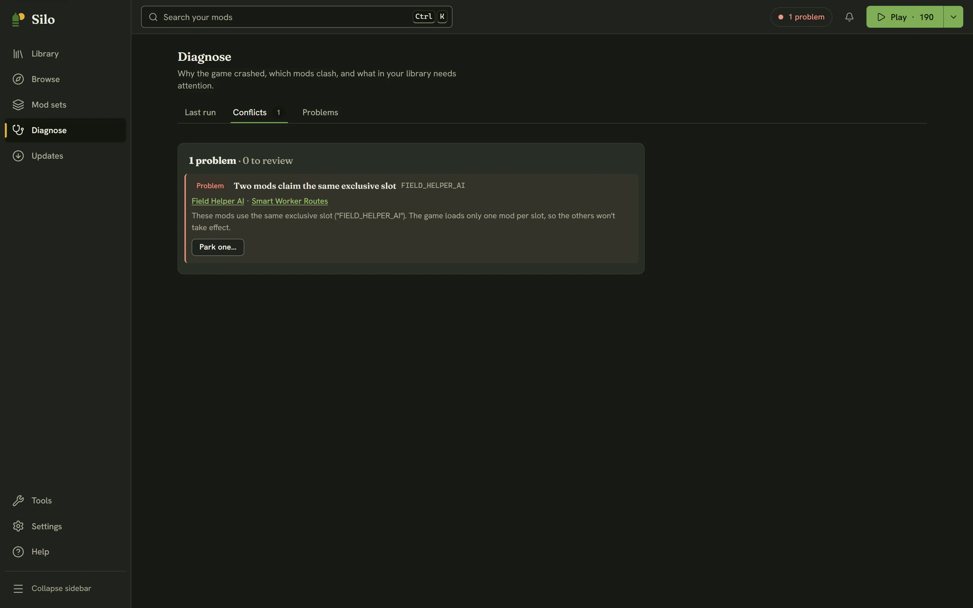 Diagnose, Conflicts: one problem. Two mods claim the same exclusive slot, so the game would load only one of them; a Park one button fixes it.