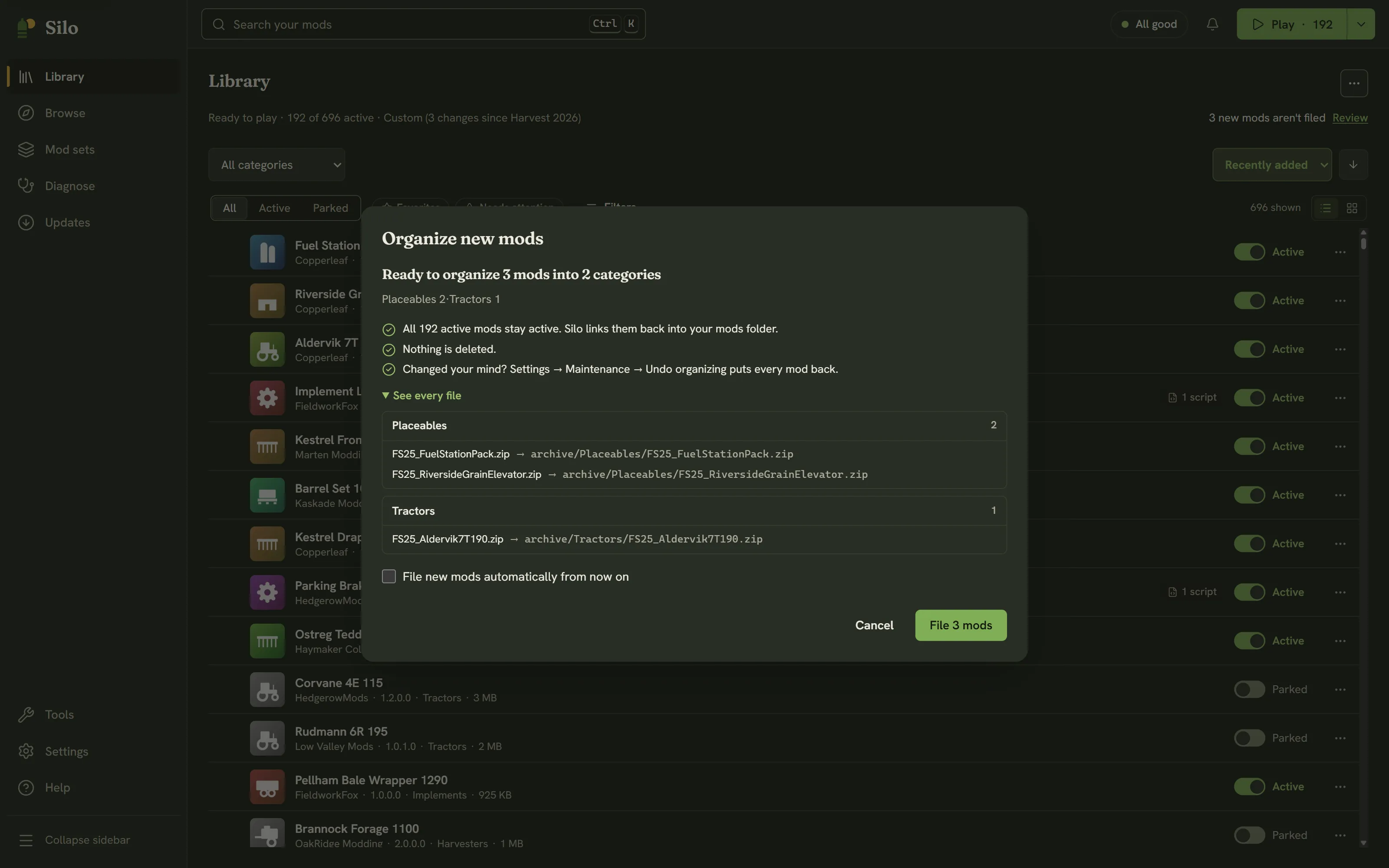 The Organize dialog with the summary, See every file and the auto-file checkbox