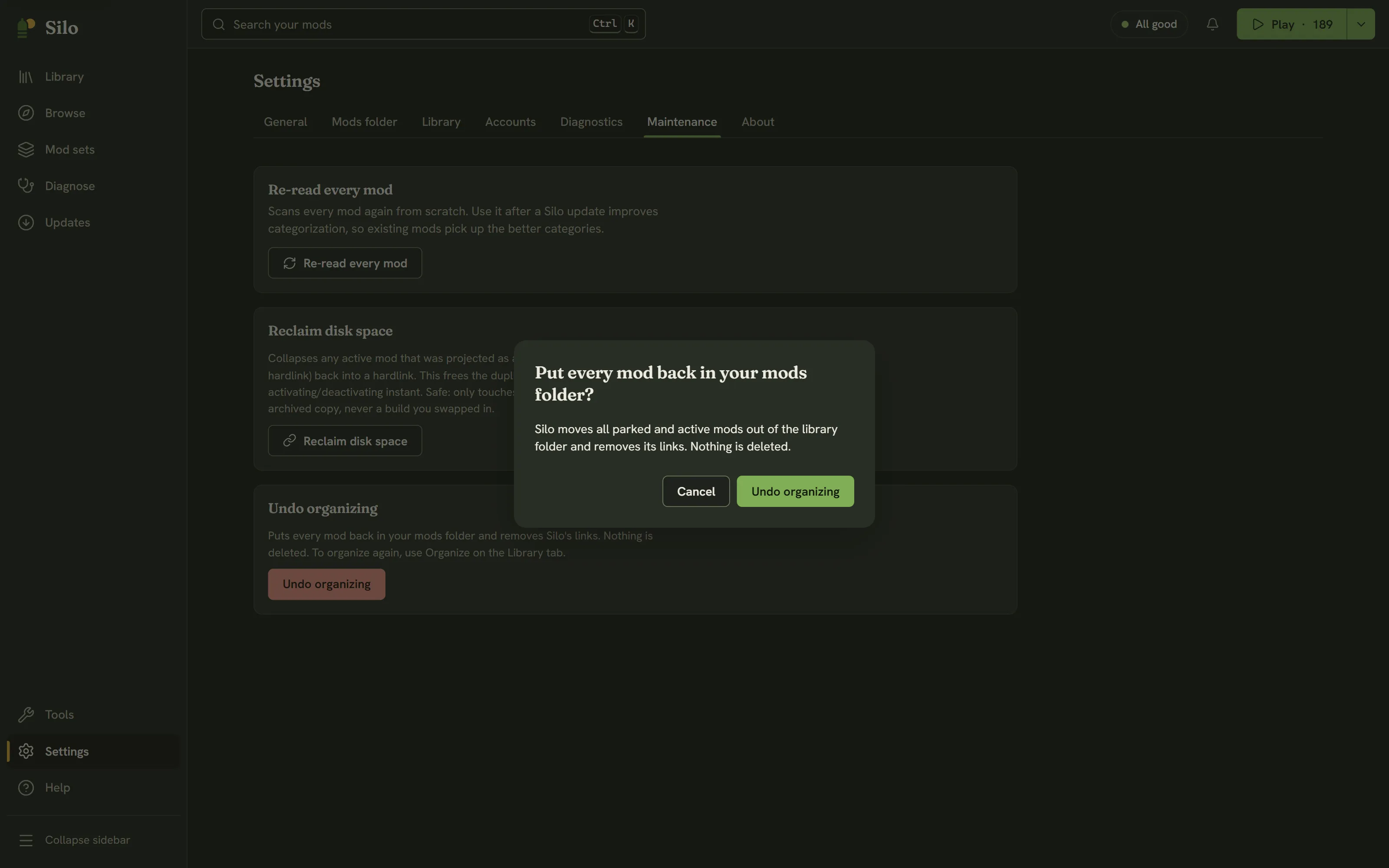 Settings, Maintenance, with the Undo organizing confirmation