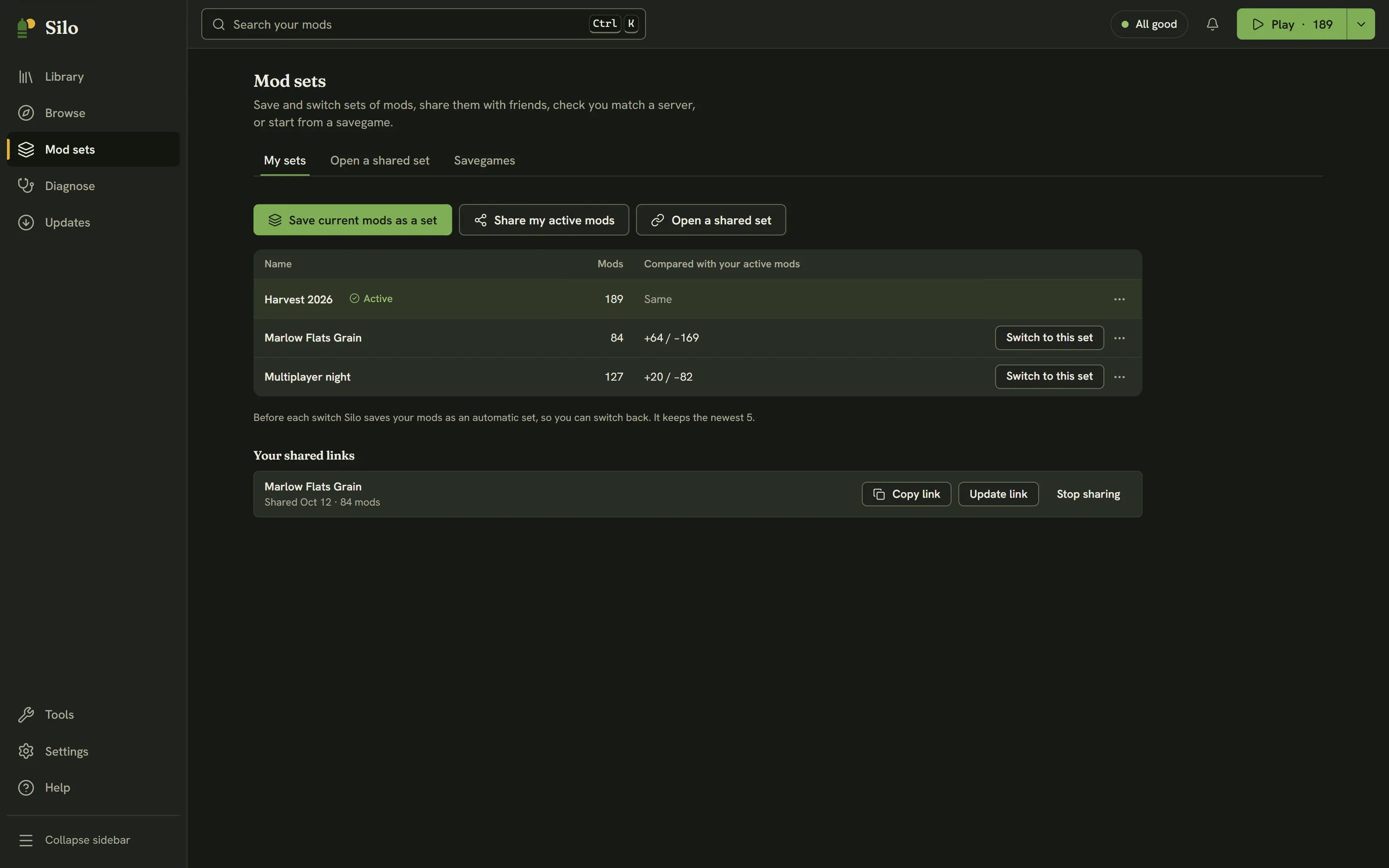 Mod sets, My sets: saved sets compared with the active mods