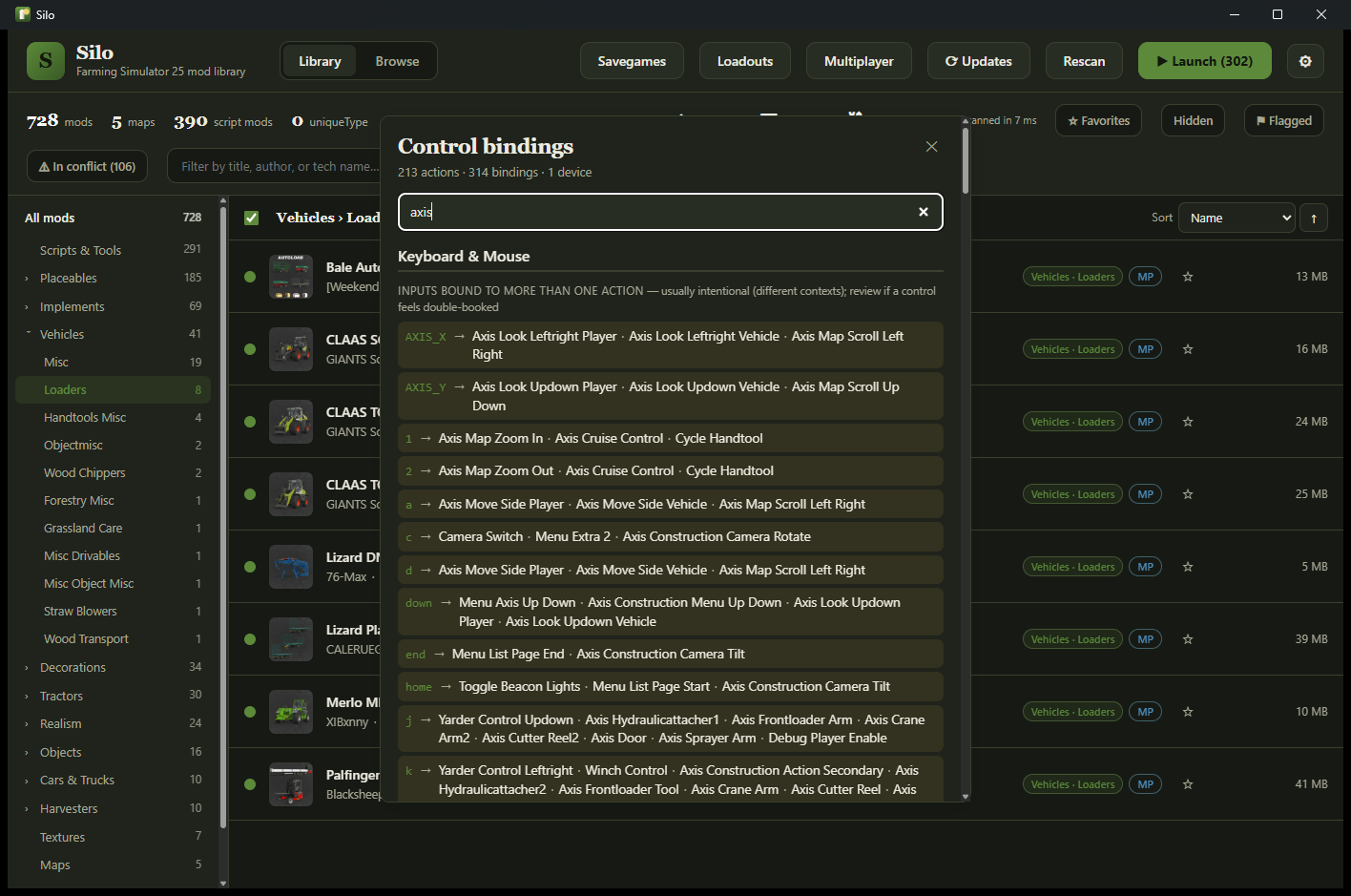 The full control-binding map with inputs bound to more than one action highlighted.