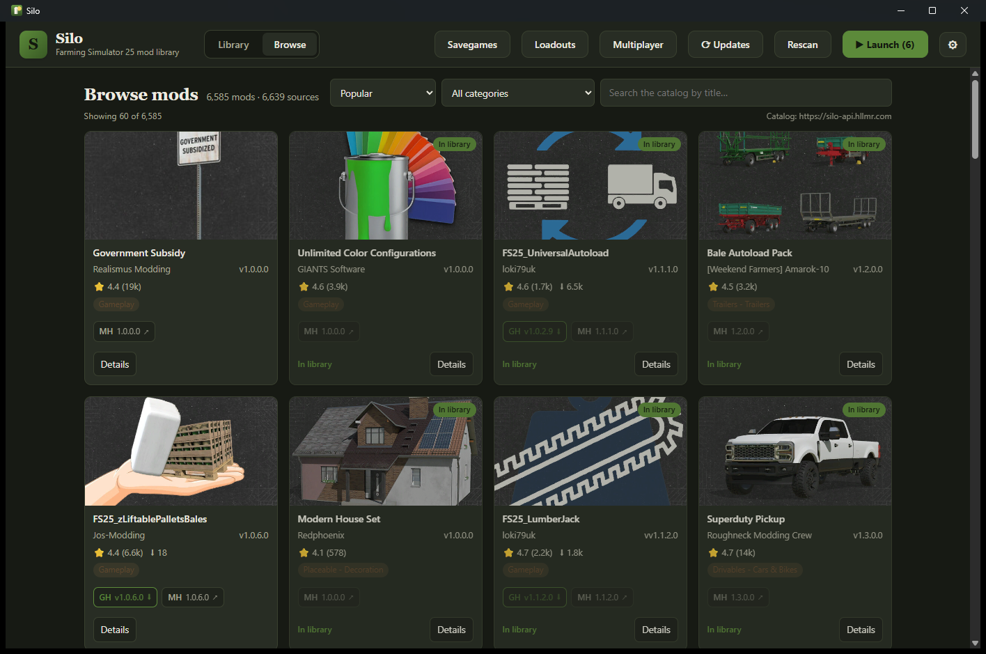 Silo's cross-source catalog: thousands of mods with cover art, ratings and per-source versions.