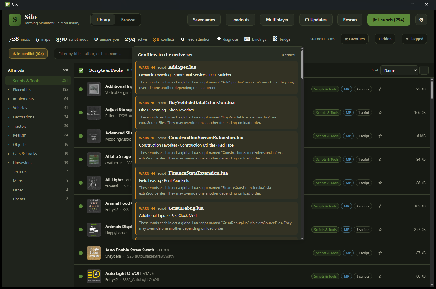 Conflict detection naming colliding script mods before launch.