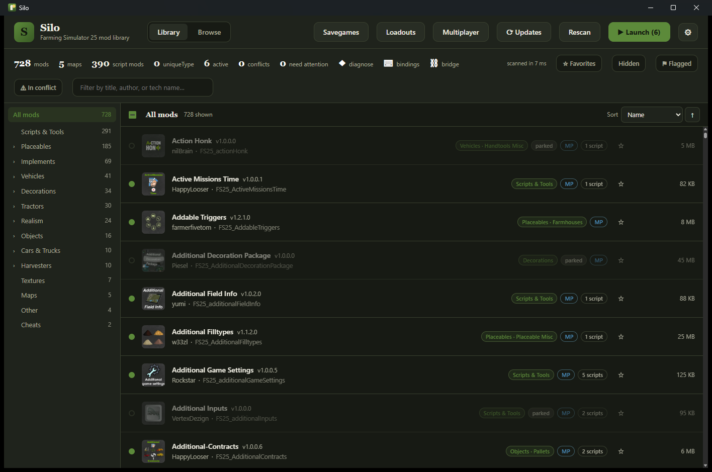 The Silo library — 728 mods sorted by category, with active/parked state, conflict count and update status at a glance.