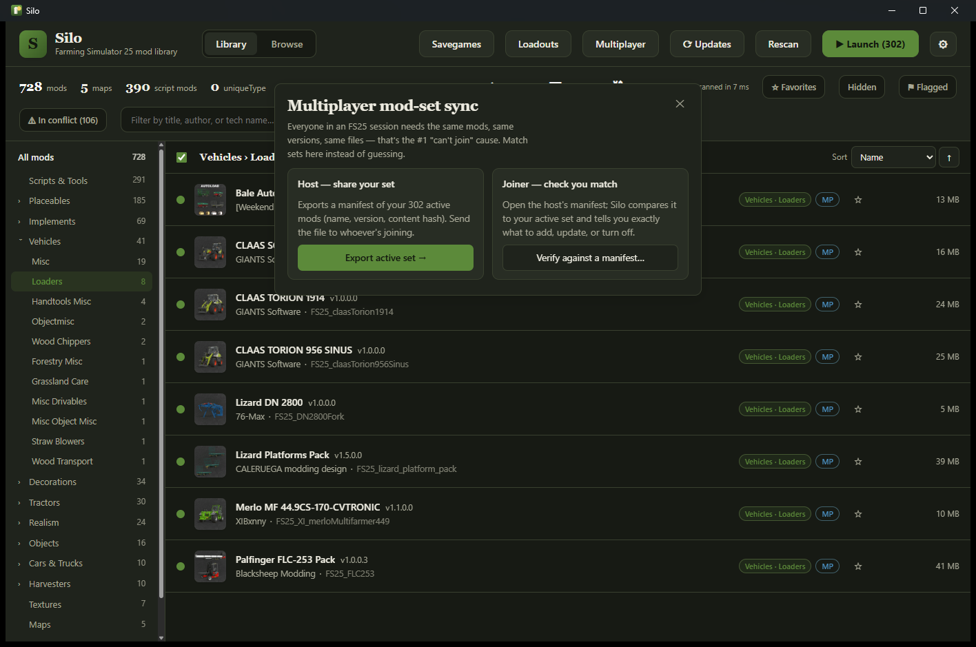 Multiplayer mod-set sync: export a hashed manifest, joiners verify their set matches.