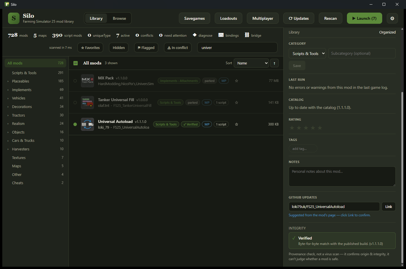 Integrity check showing a mod Verified byte-for-byte against the published build.